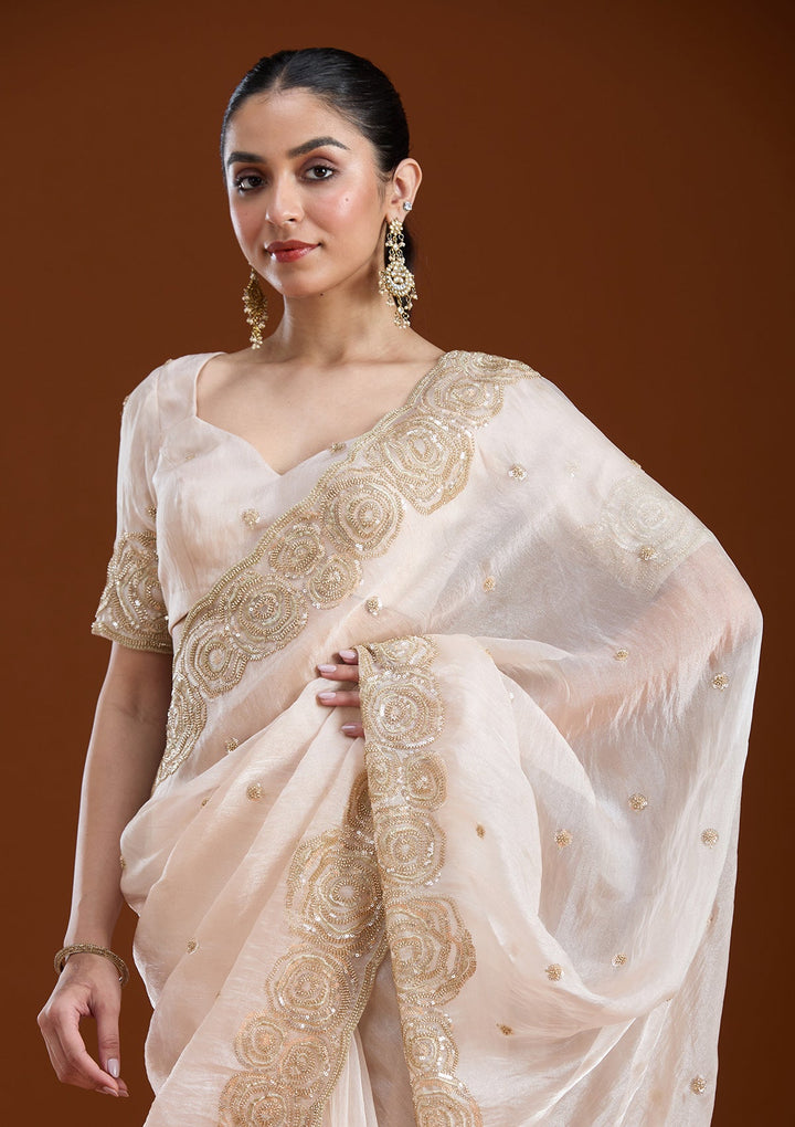 Light Peach Sequins Tissue Saree-koskii