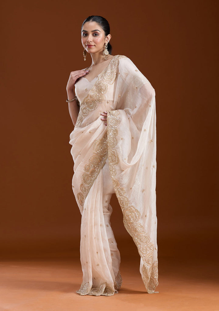 Light Peach Sequins Tissue Saree-koskii