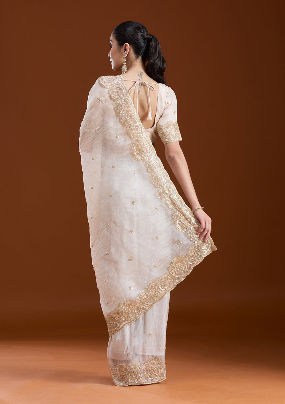 Light Peach Sequins Tissue Saree-koskii