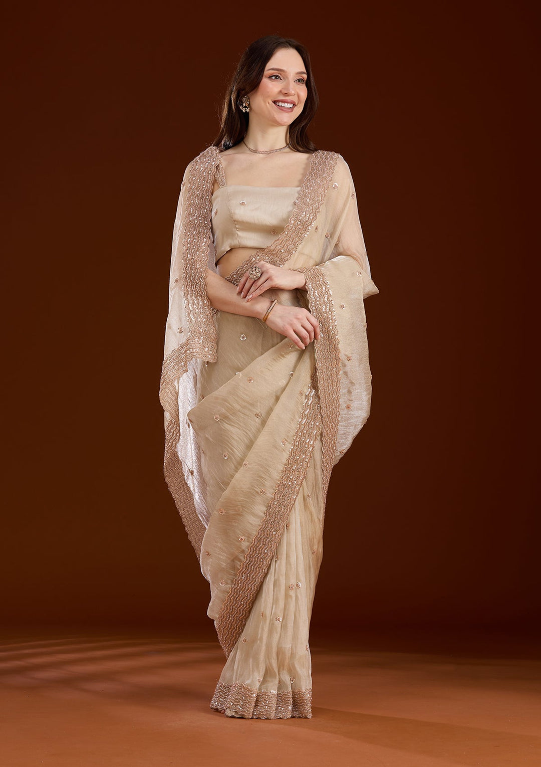 Beige Sequins Tissue Saree