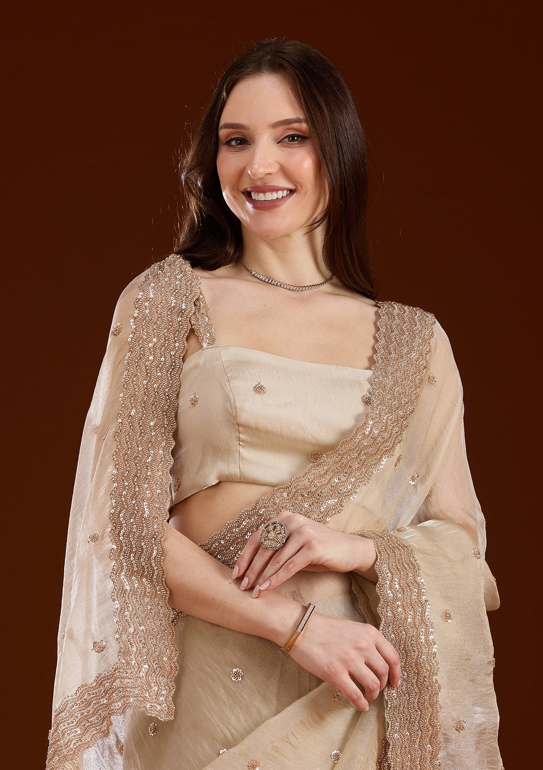 Beige Sequins Tissue Saree