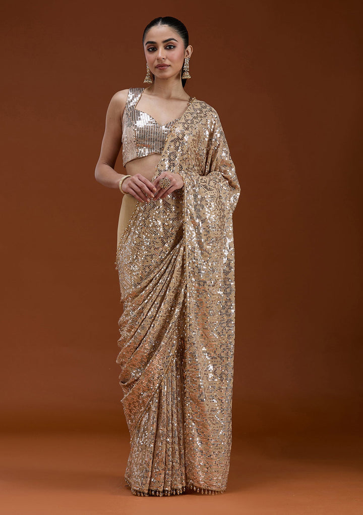 Beige Sequins Georgette Saree_koskii