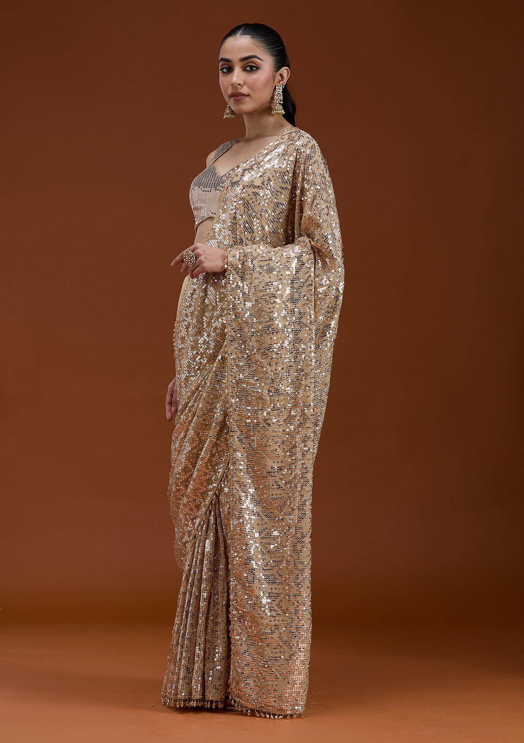 Beige Sequins Georgette Saree_koskii