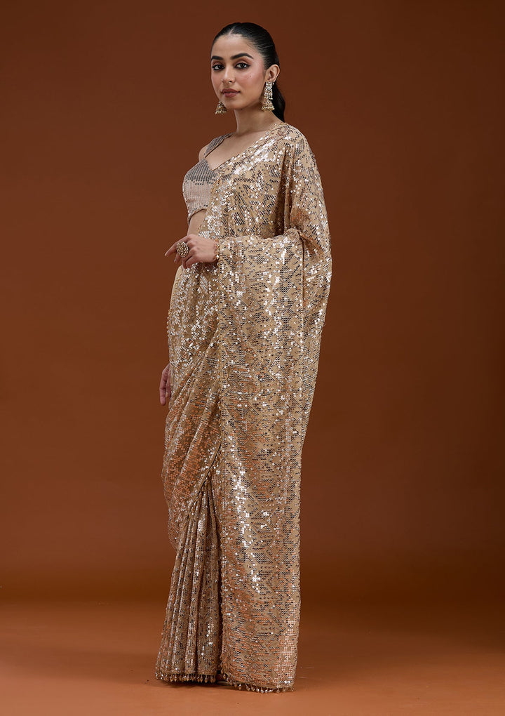 Beige Sequins Georgette Saree_koskii
