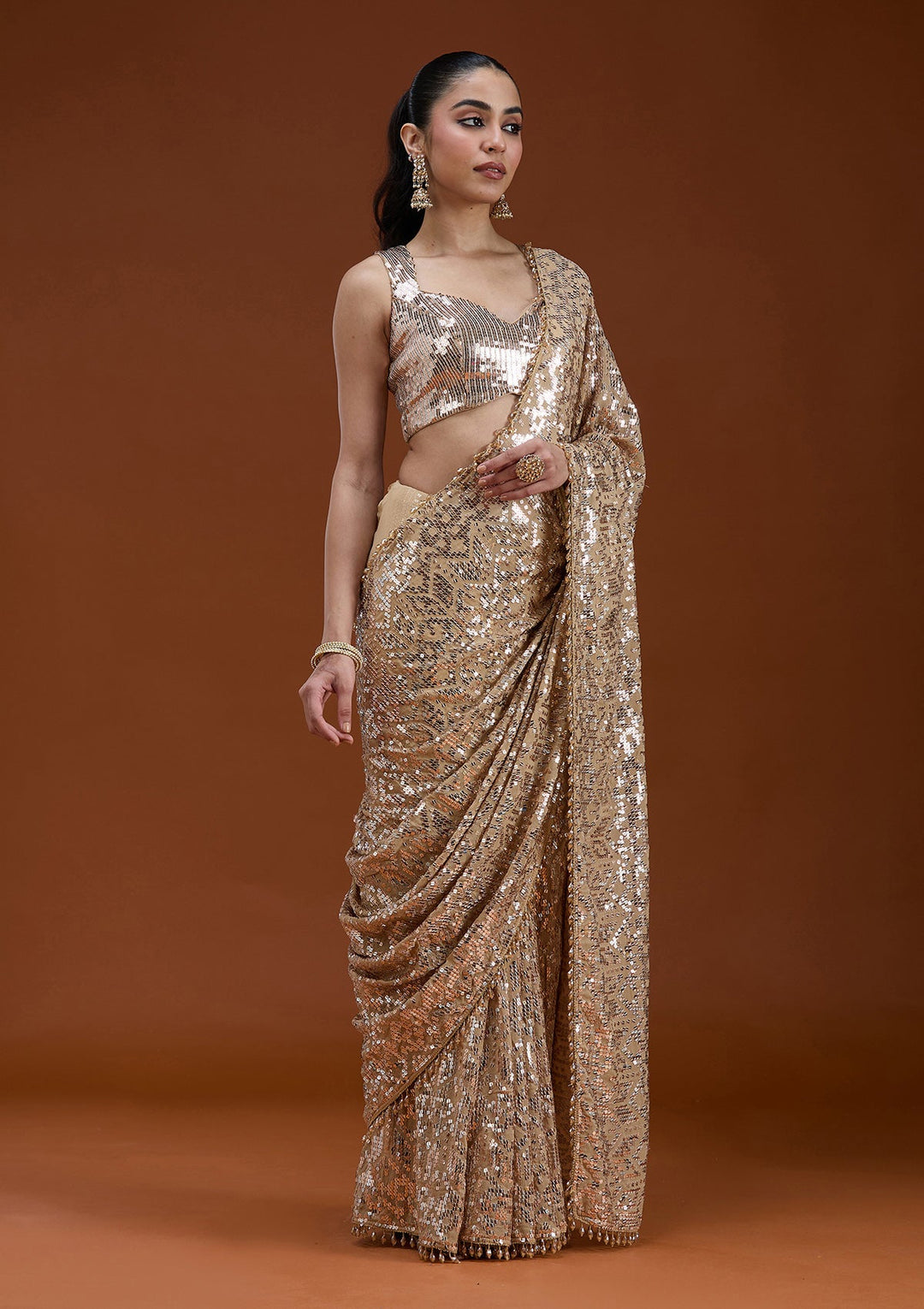 Beige Sequins Georgette Saree_koskii