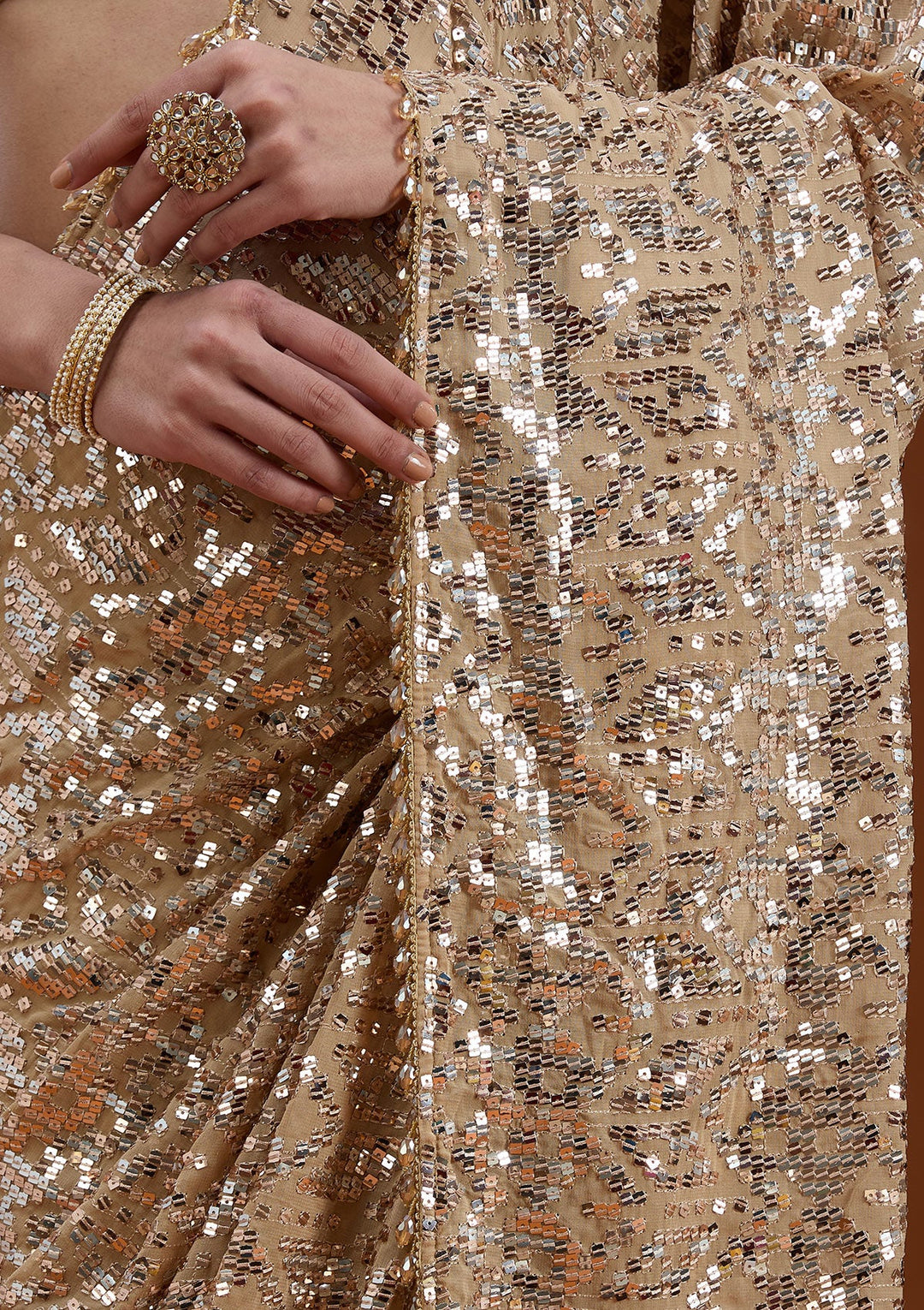 Beige Sequins Georgette Saree_koskii