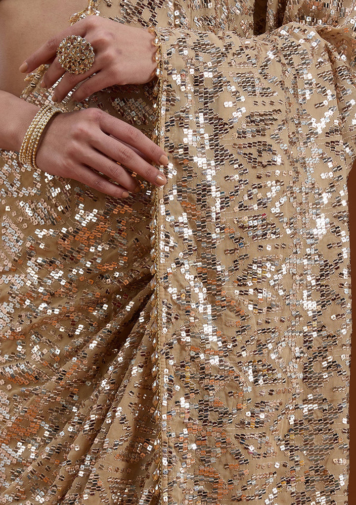 Beige Sequins Georgette Saree_koskii