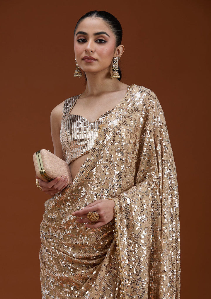 Beige Sequins Georgette Saree_koskii