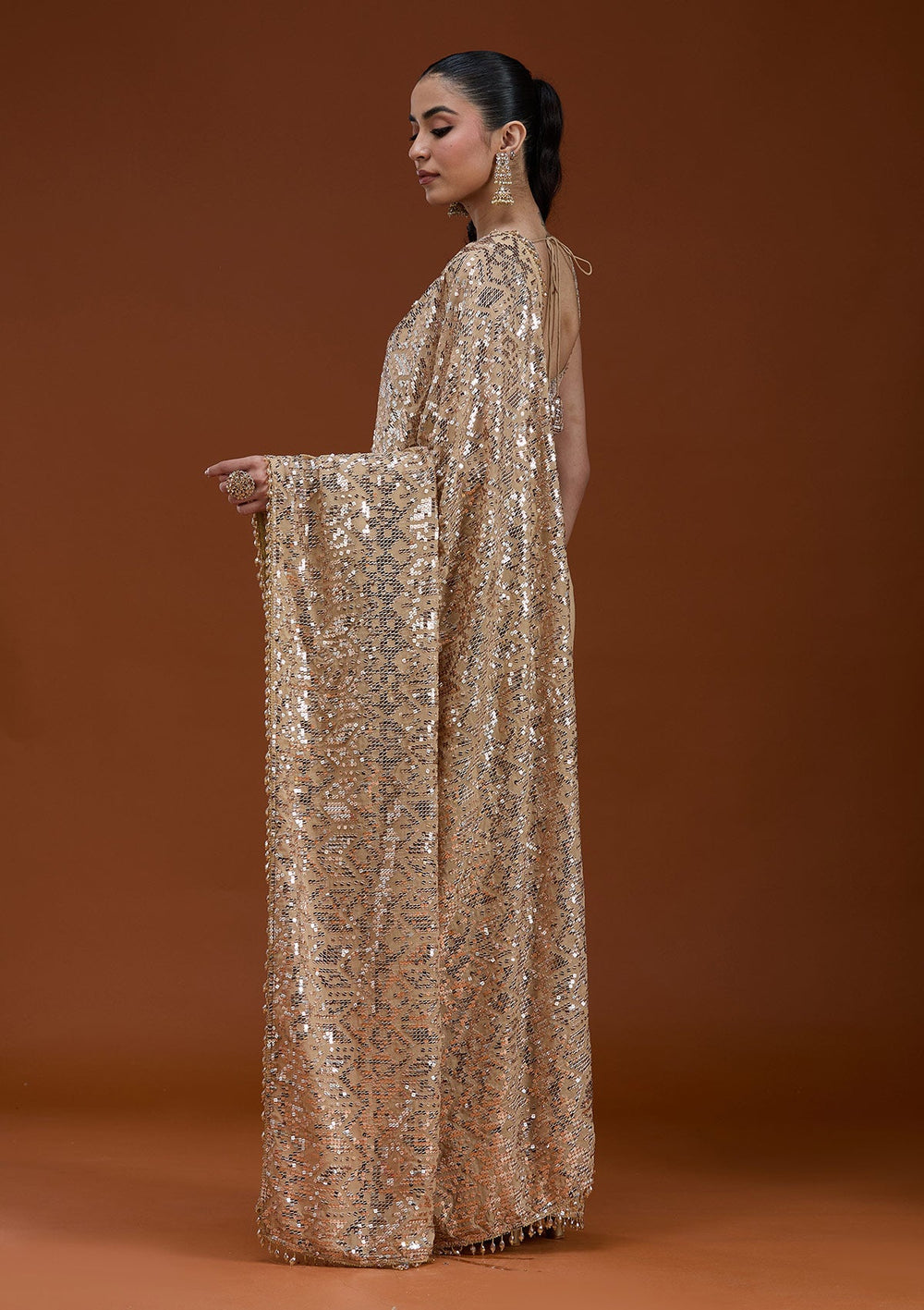 Beige Sequins Georgette Saree_koskii