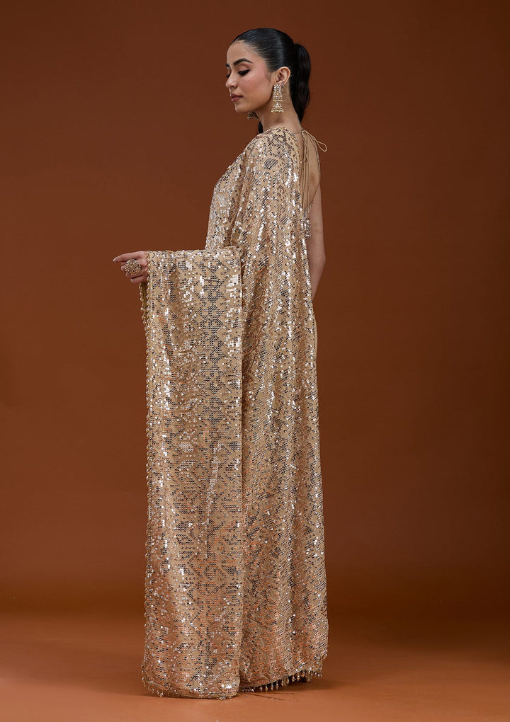 Beige Sequins Georgette Saree_koskii