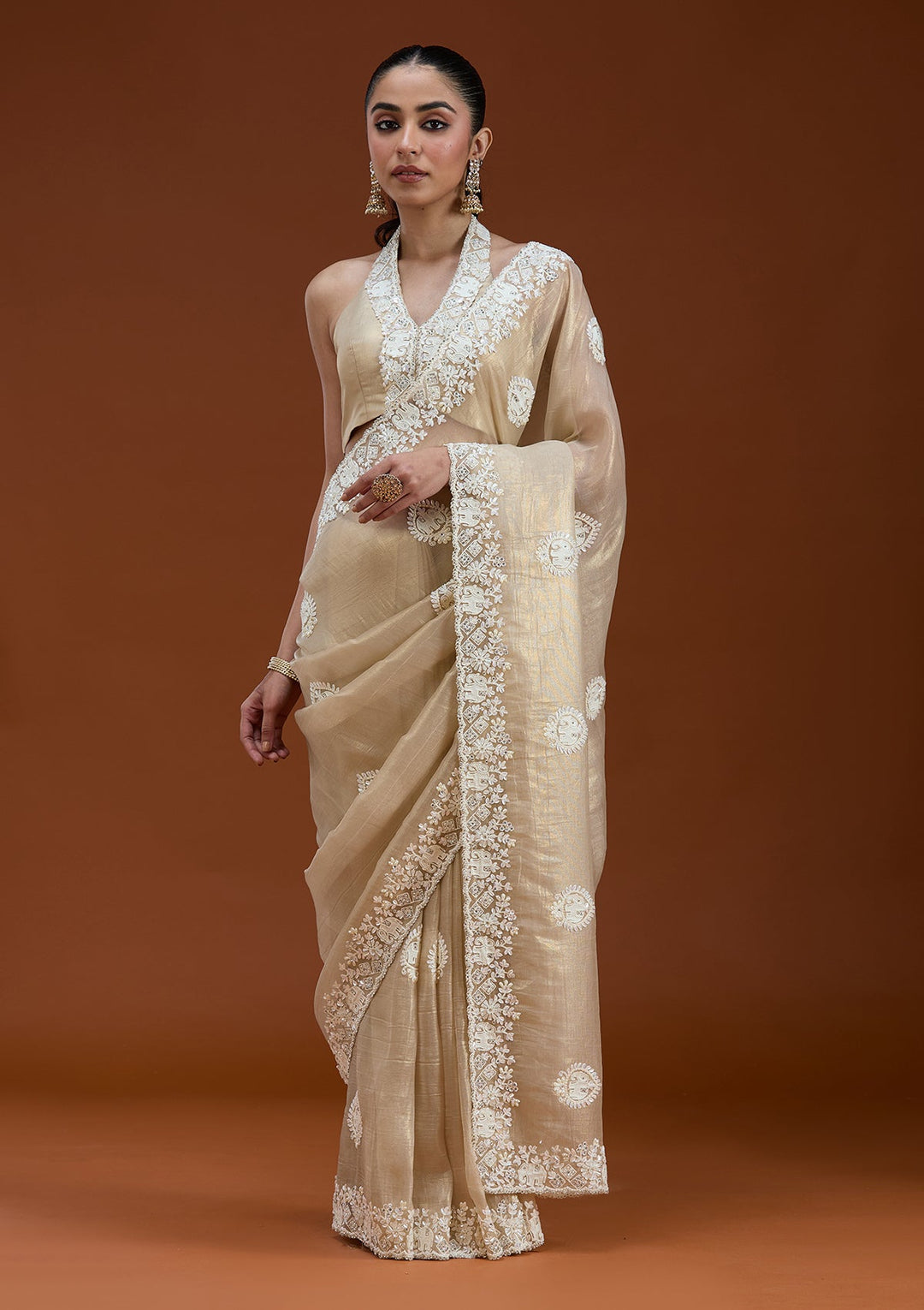 Beige Pearlwork Tissue Saree_koskii