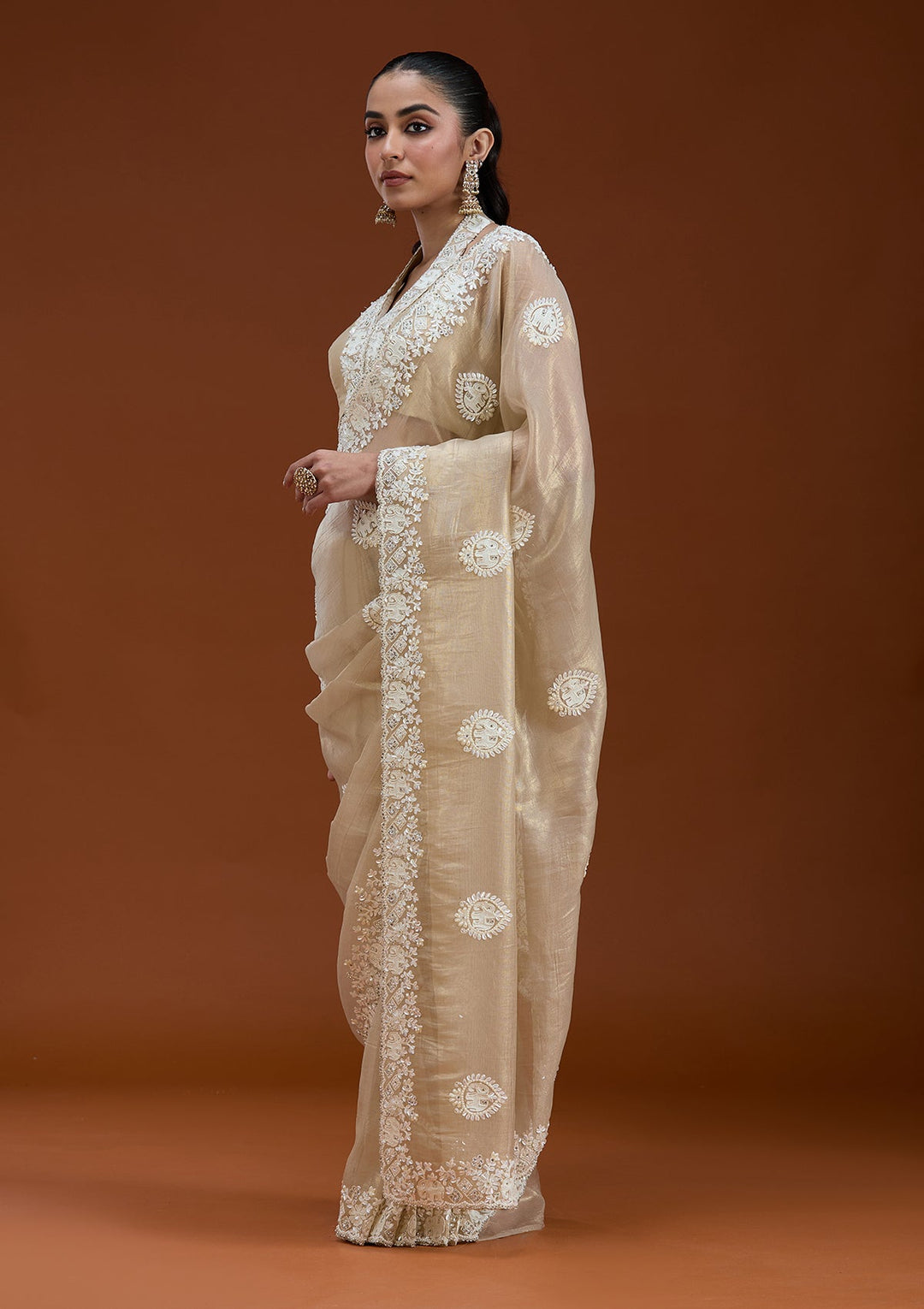 Beige Pearlwork Tissue Saree_koskii