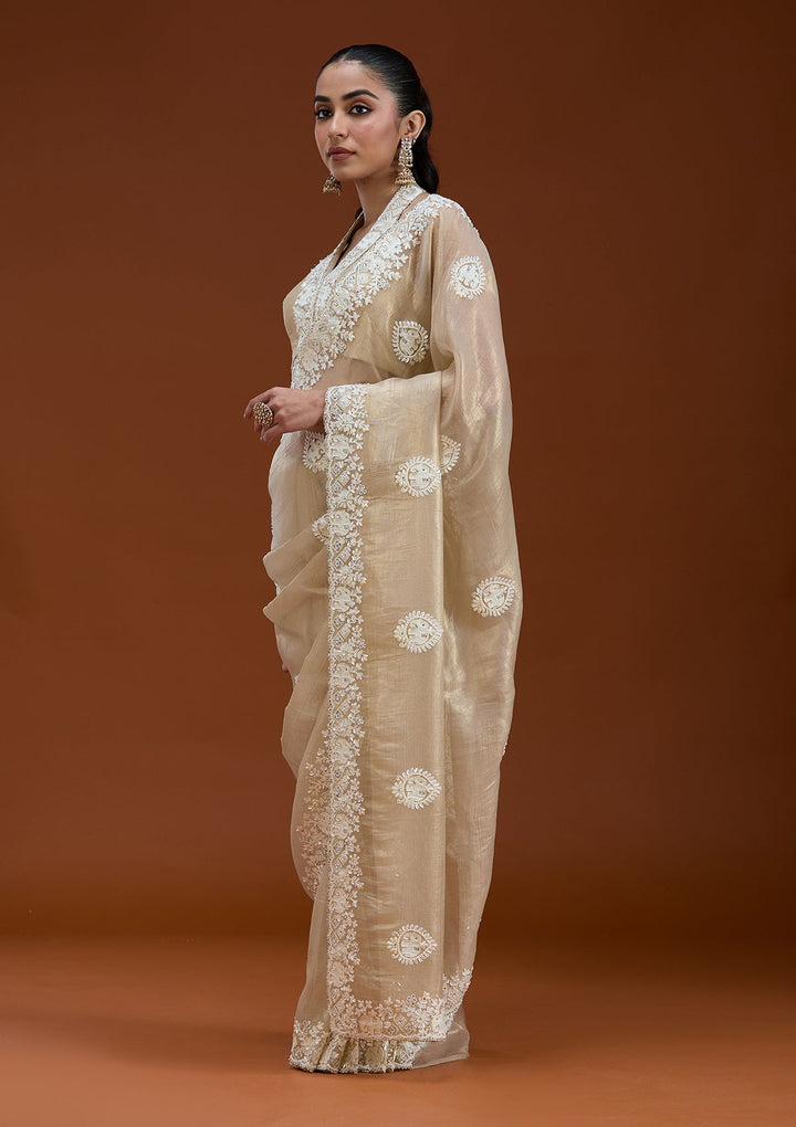 Beige Pearlwork Tissue Saree_koskii