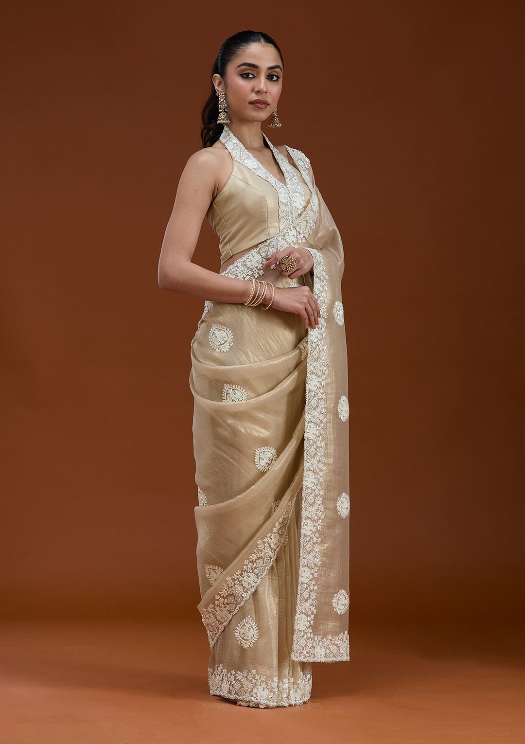 Beige Pearlwork Tissue Saree_koskii