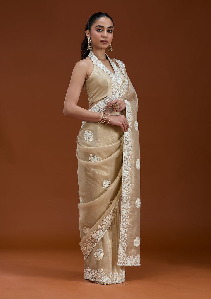 Beige Pearlwork Tissue Saree_koskii