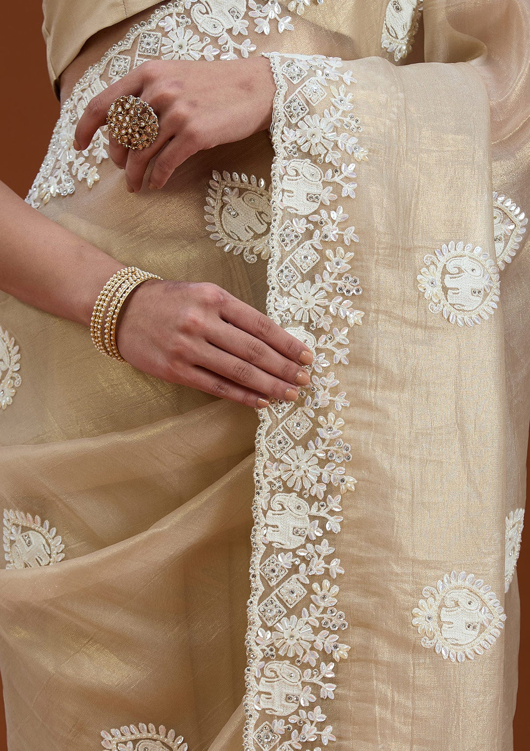 Beige Pearlwork Tissue Saree_koskii