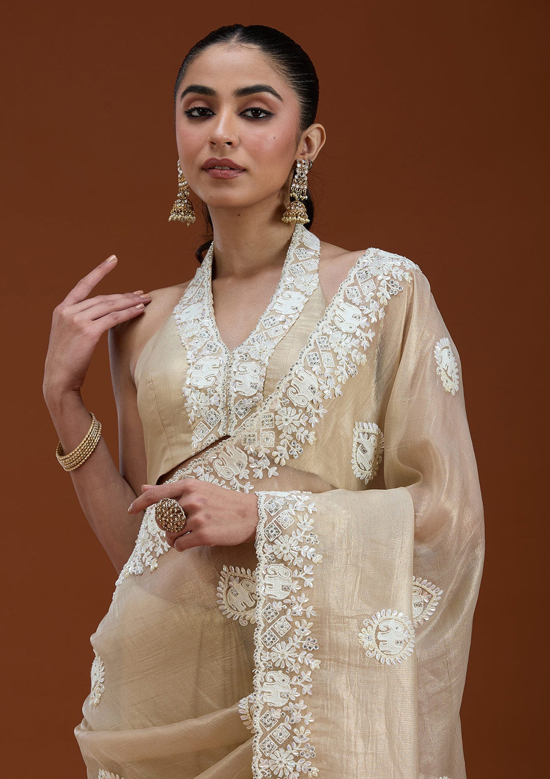 Beige Pearlwork Tissue Saree_koskii