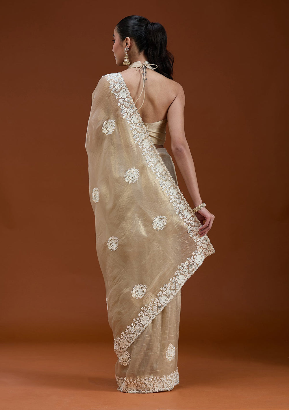 Beige Pearlwork Tissue Saree_koskii