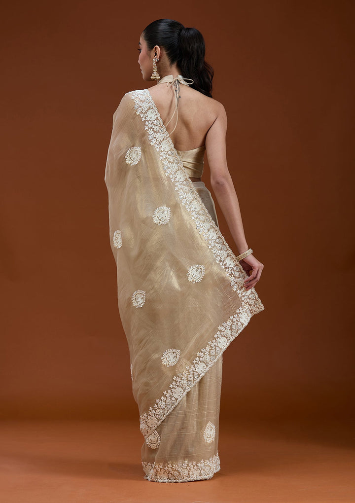 Beige Pearlwork Tissue Saree_koskii