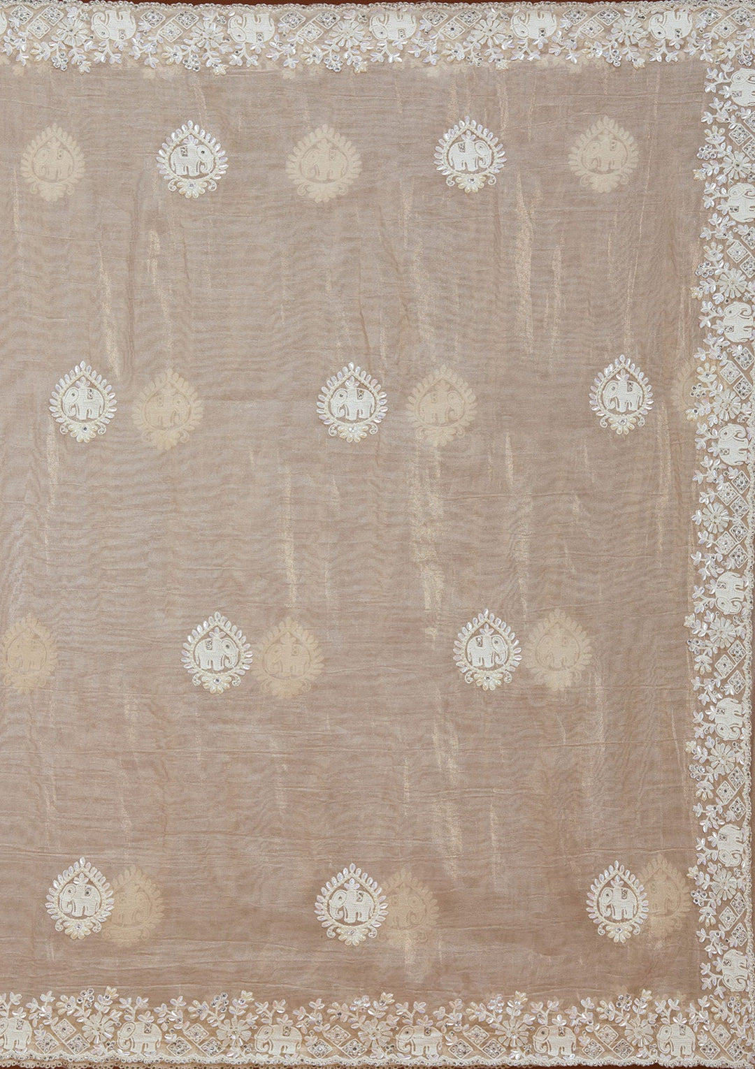 Beige Pearlwork Tissue Saree_koskii