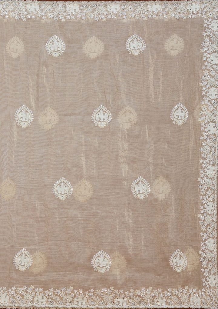 Beige Pearlwork Tissue Saree_koskii