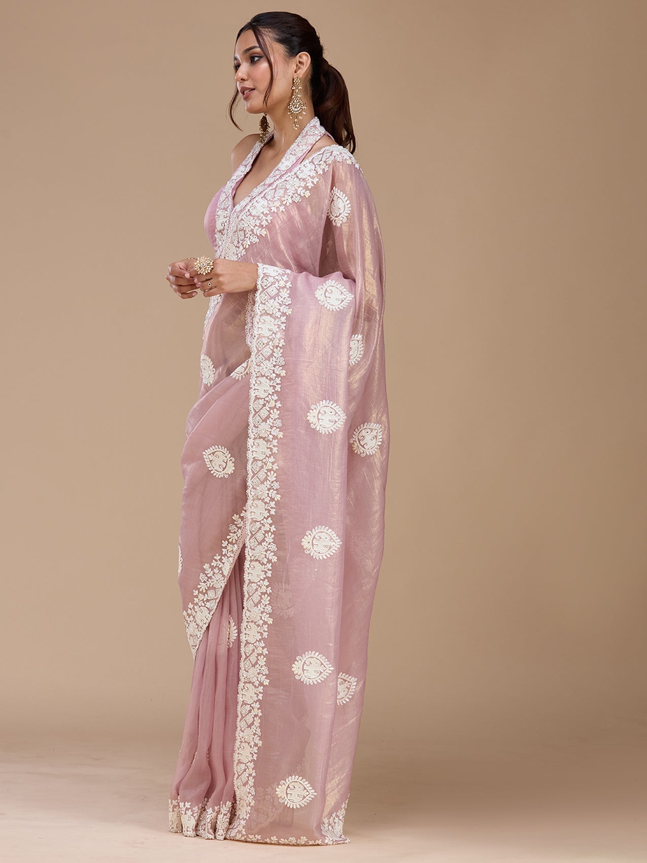 Mauve Pearlwork Tissue Saree-koskii