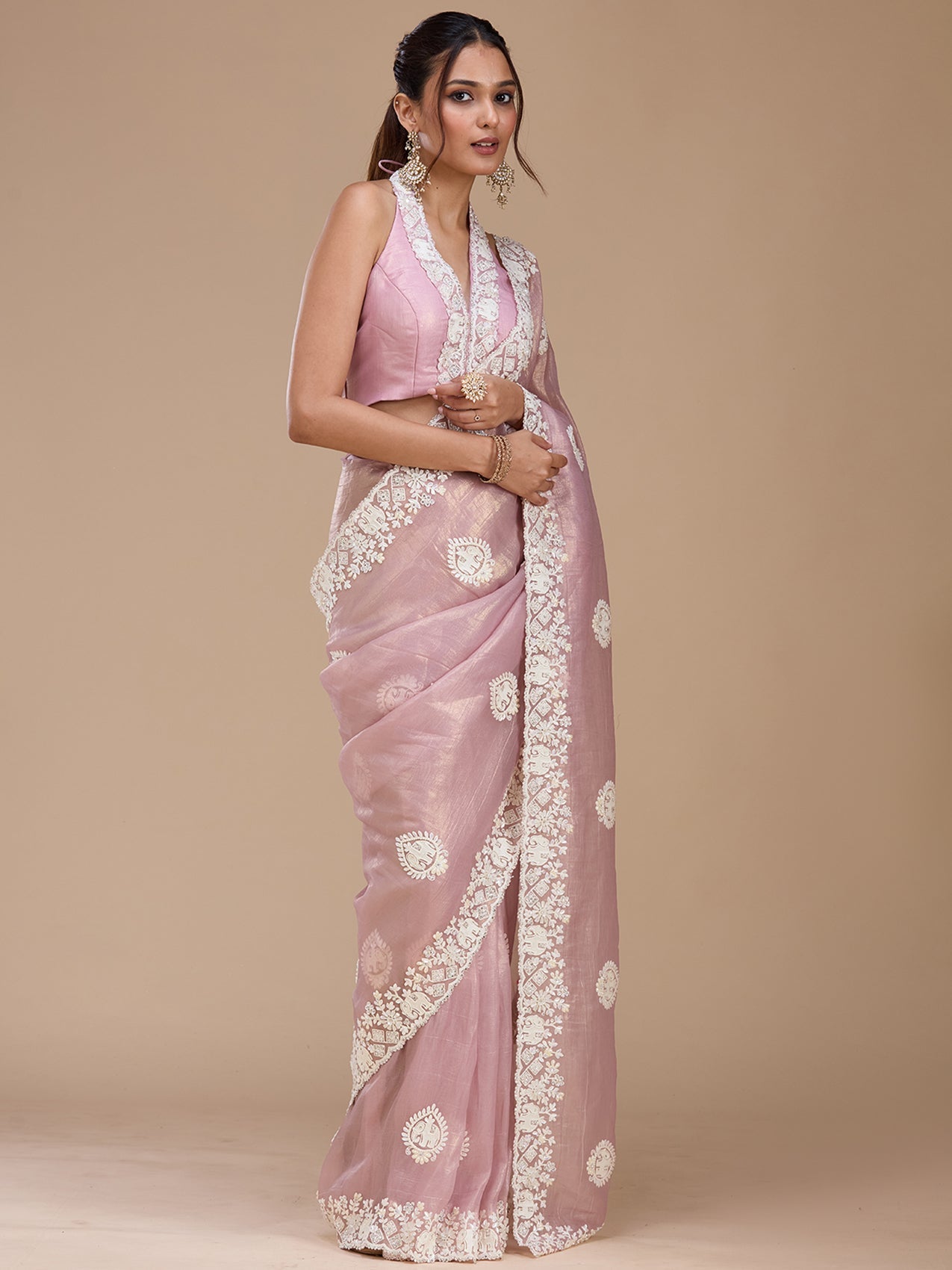 Mauve Pearlwork Tissue Saree-koskii
