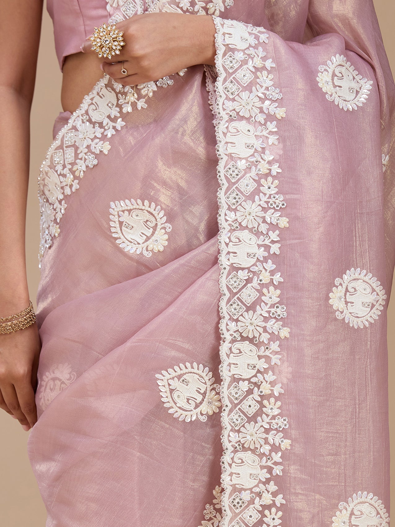 Mauve Pearlwork Tissue Saree-koskii