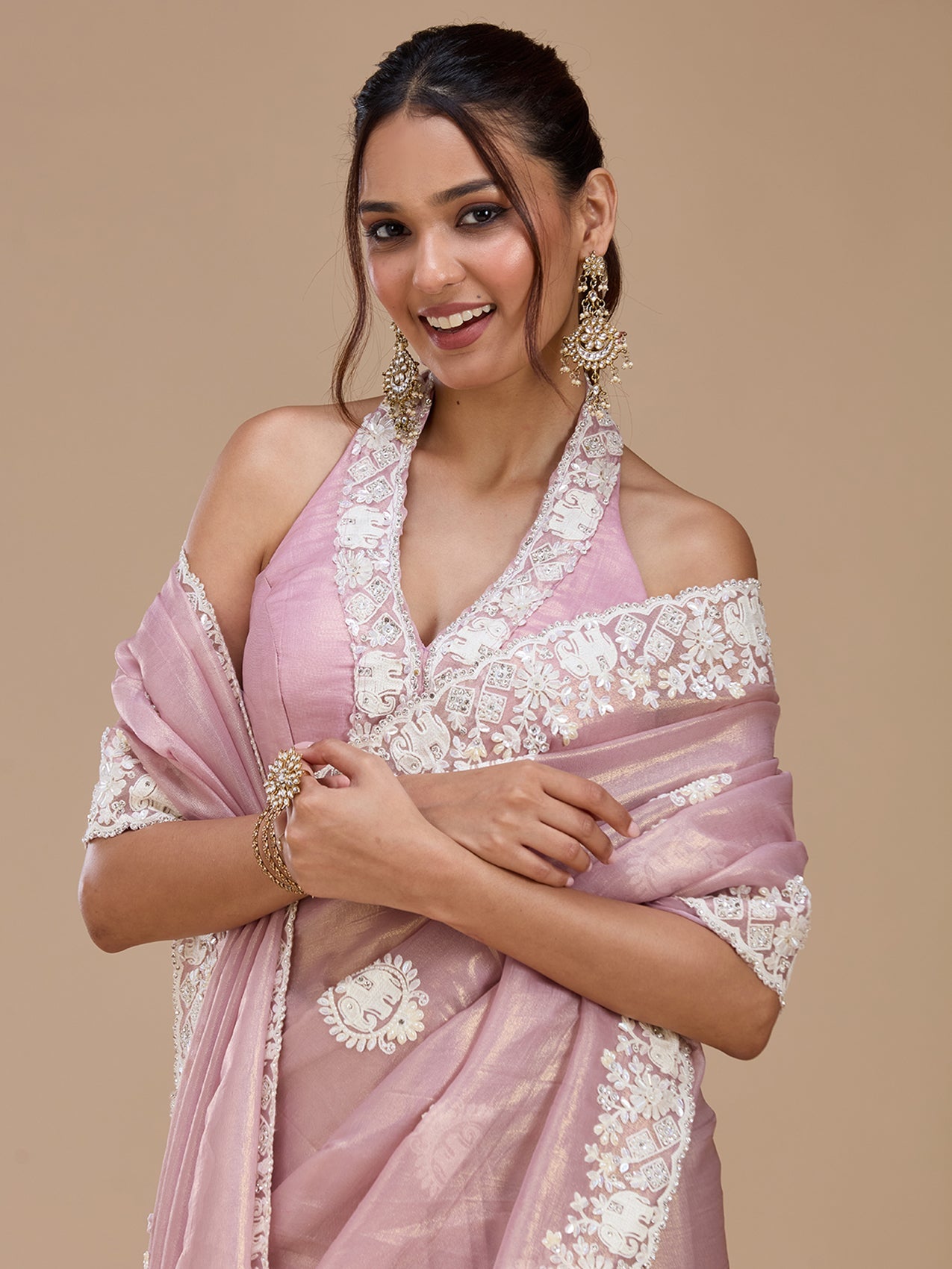 Mauve Pearlwork Tissue Saree-koskii