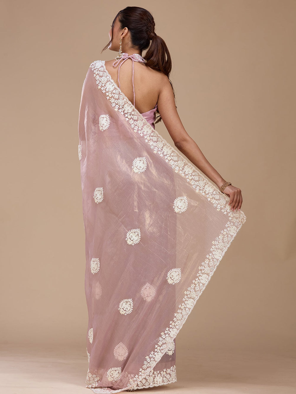 Mauve Pearlwork Tissue Saree-koskii