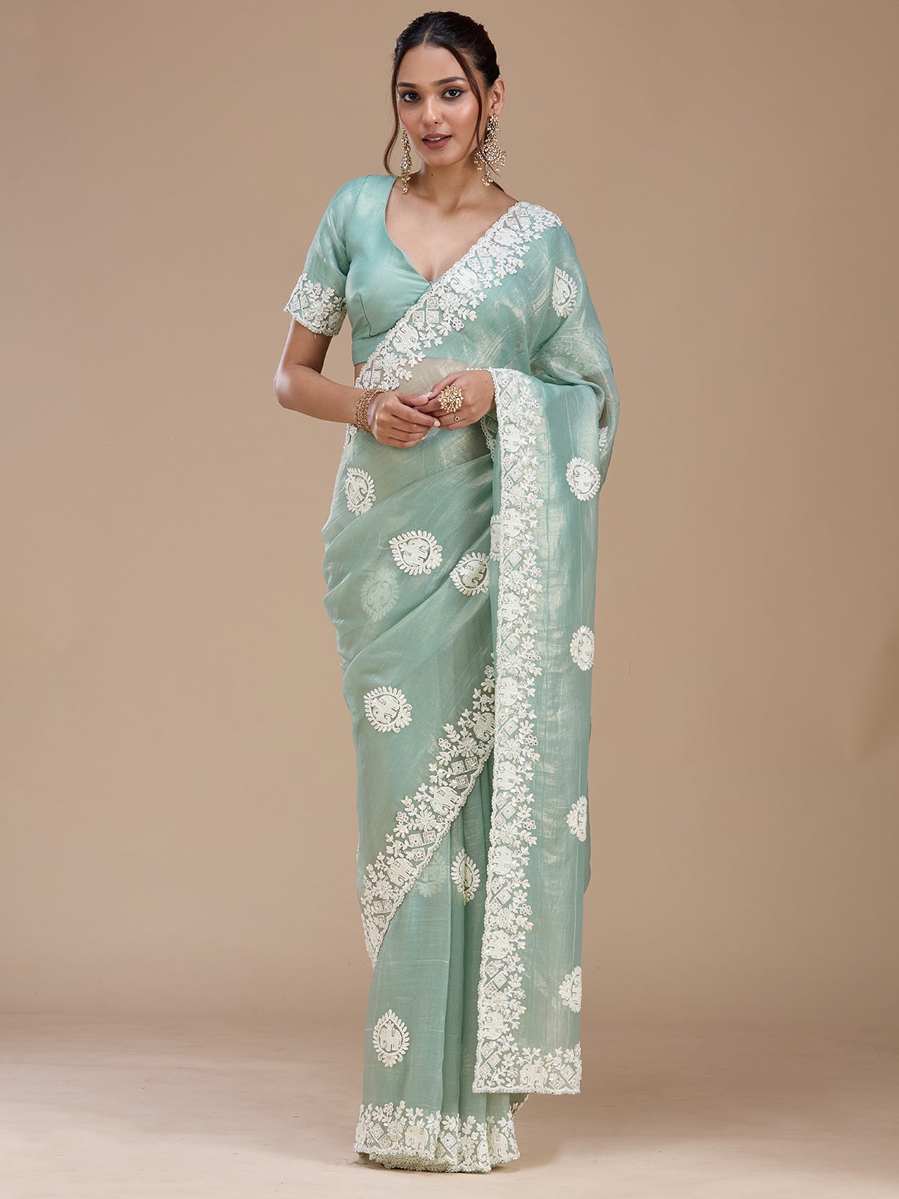 Sea Green Pearlwork Tissue Saree-koskii