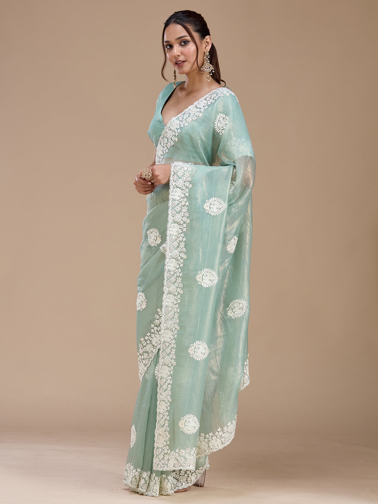 Sea Green Pearlwork Tissue Saree-koskii