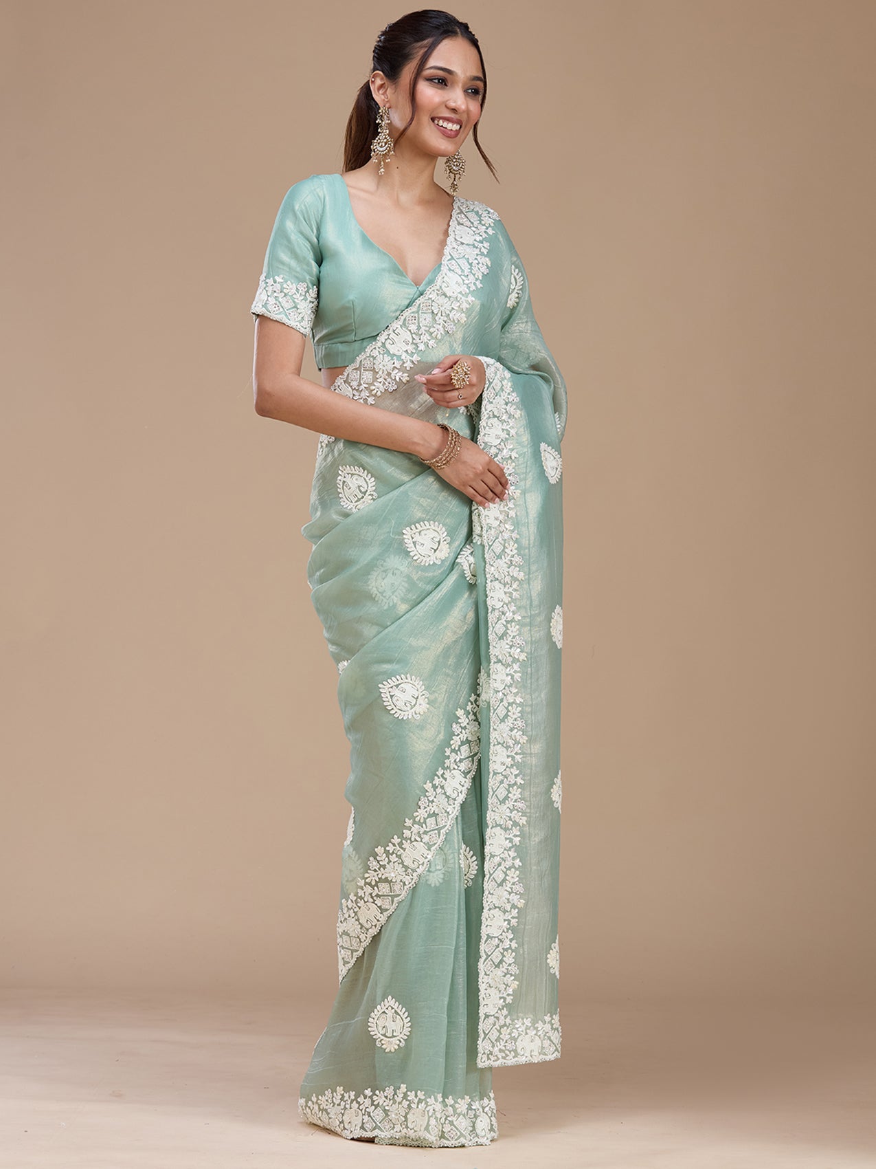 Sea Green Pearlwork Tissue Saree-koskii