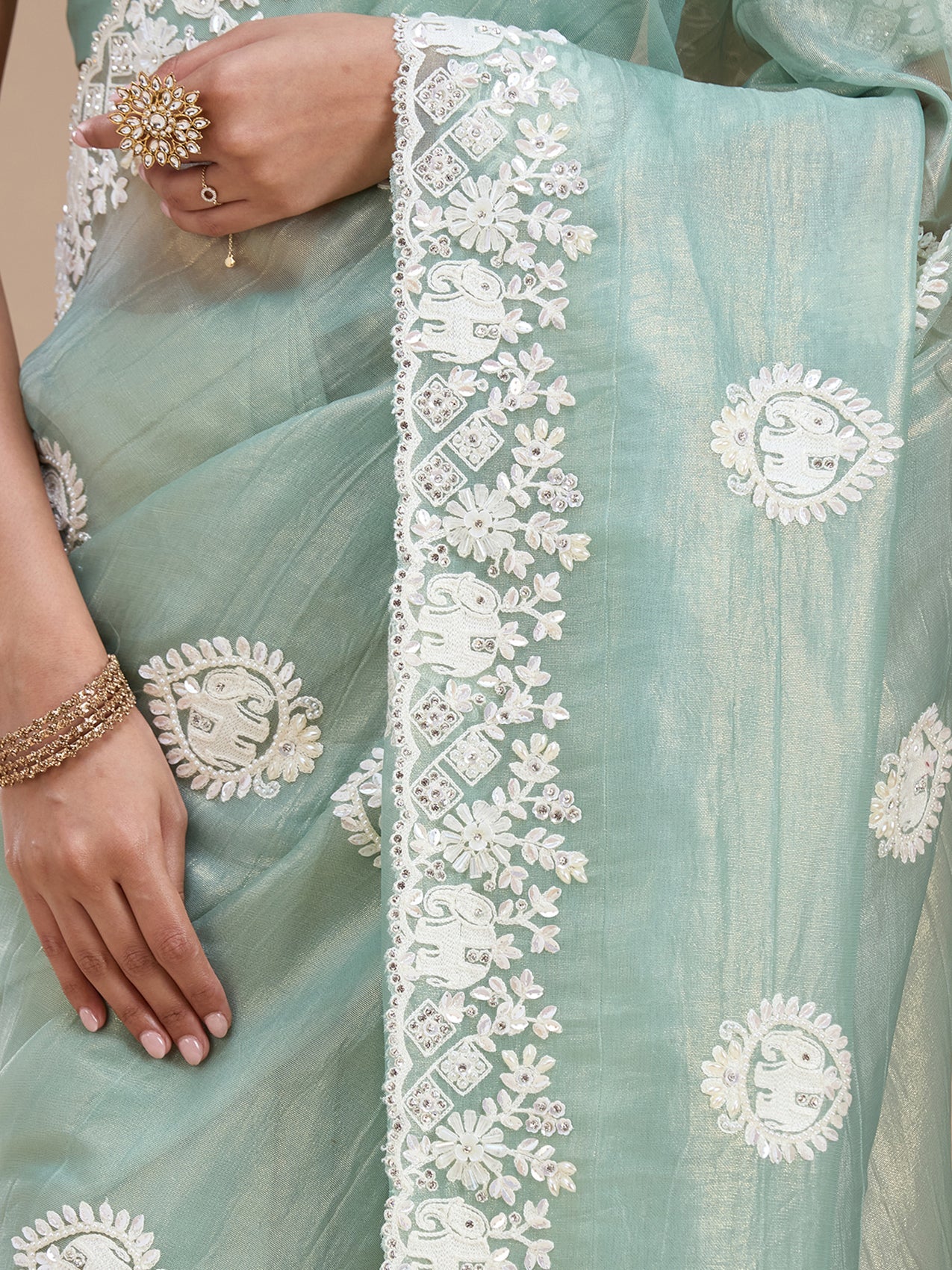 Sea Green Pearlwork Tissue Saree-koskii