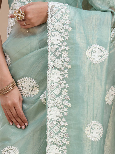 Sea Green Pearlwork Tissue Saree-koskii