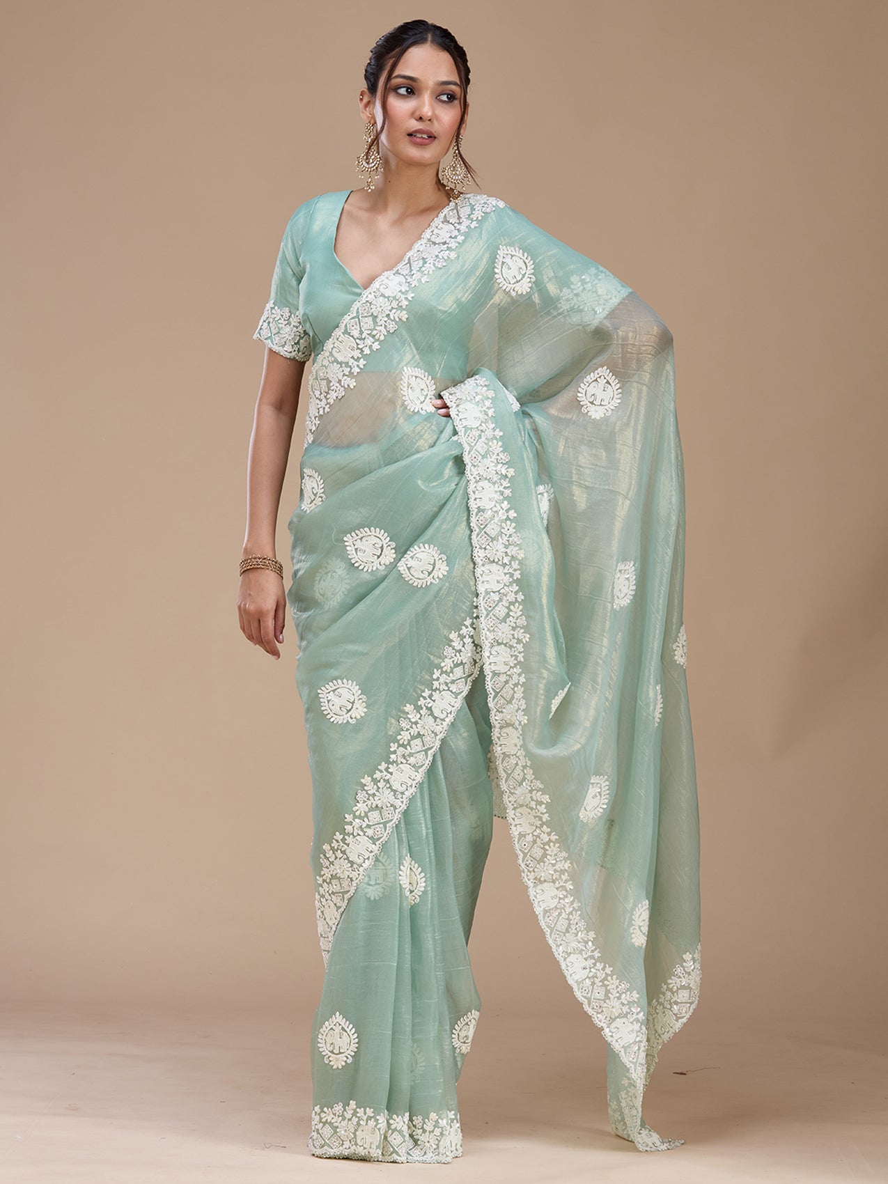 Sea Green Pearlwork Tissue Saree-koskii