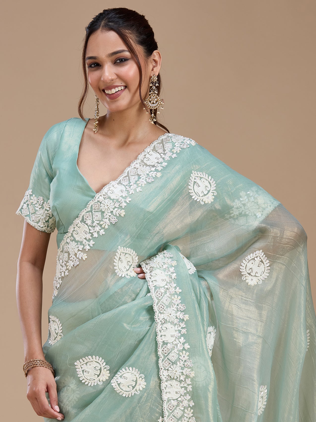 Sea Green Pearlwork Tissue Saree-koskii