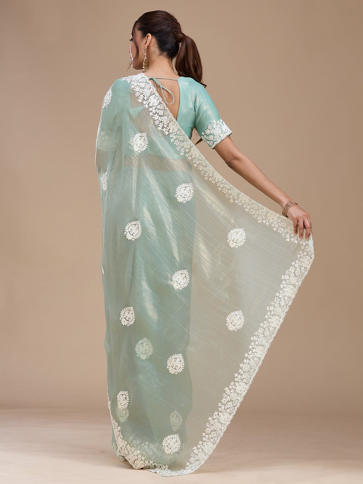 Sea Green Pearlwork Tissue Saree-koskii
