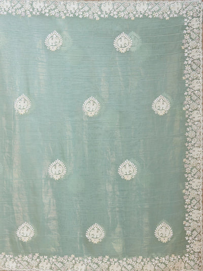 Sea Green Pearlwork Tissue Saree-koskii
