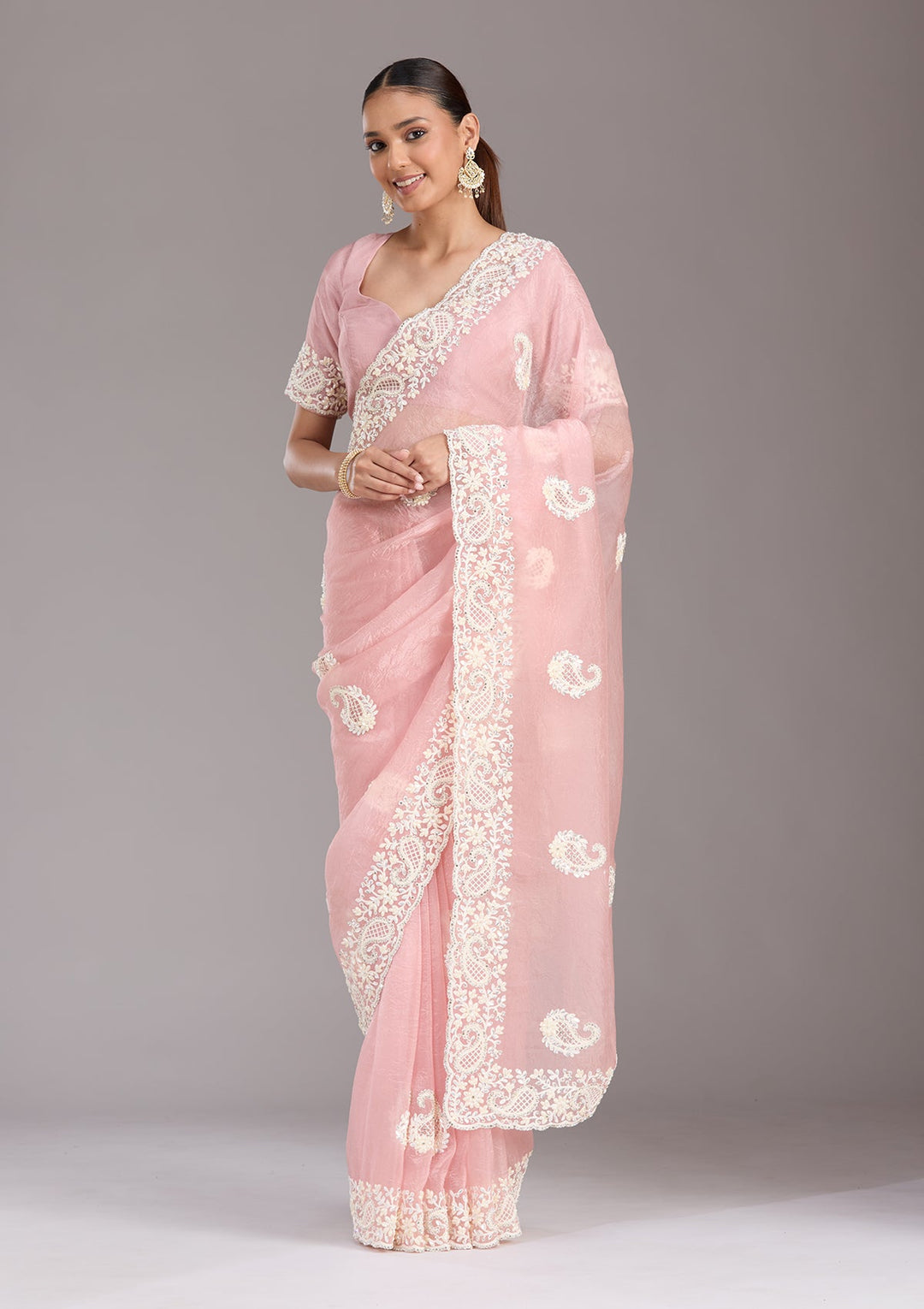 Baby Pink Pearlwork Tissue Saree-koskii