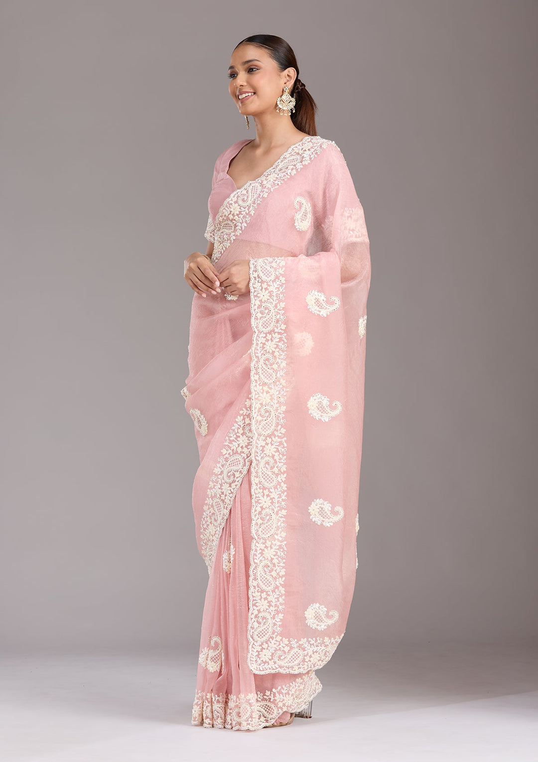 Baby Pink Pearlwork Tissue Saree-koskii