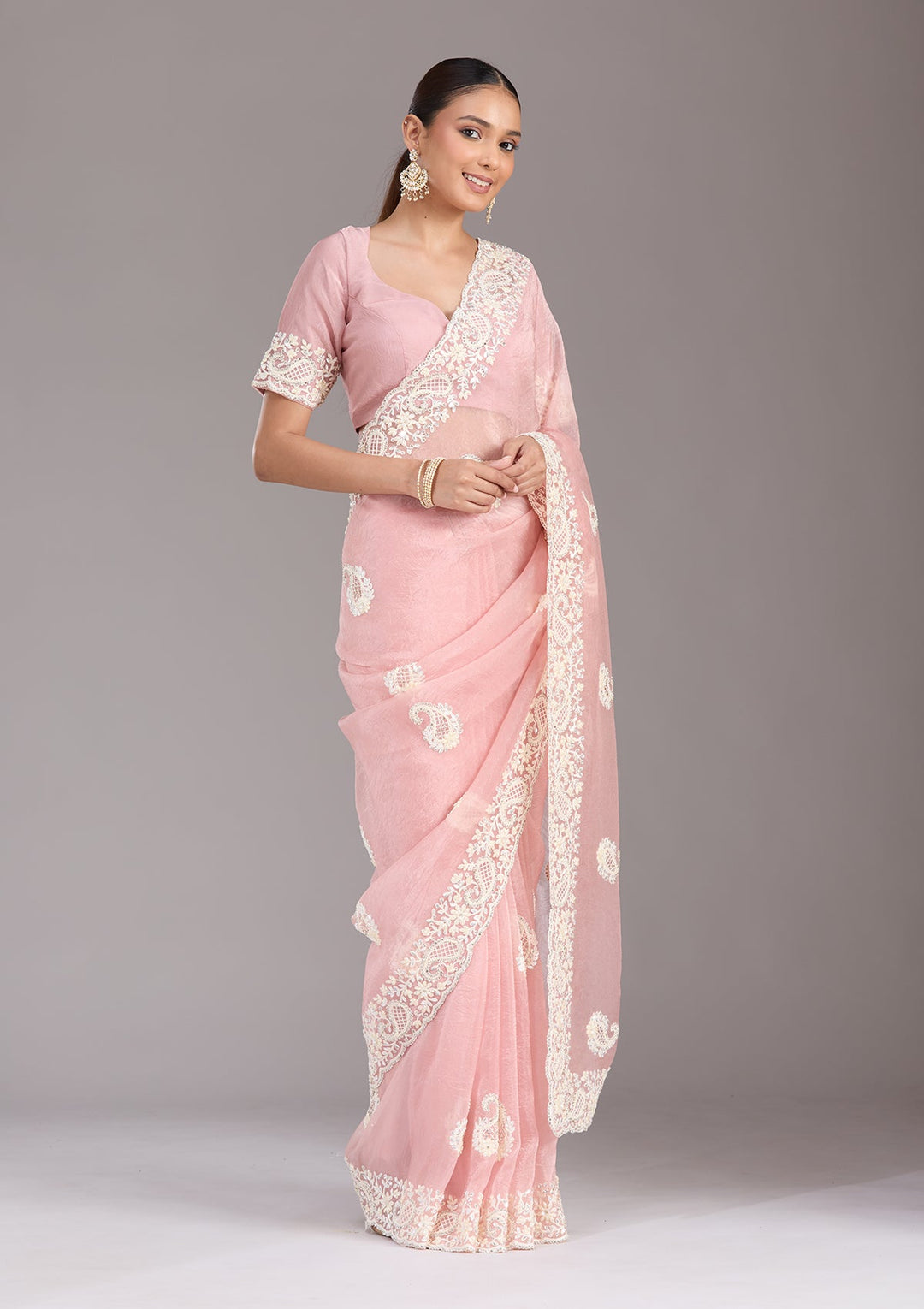 Baby Pink Pearlwork Tissue Saree-koskii