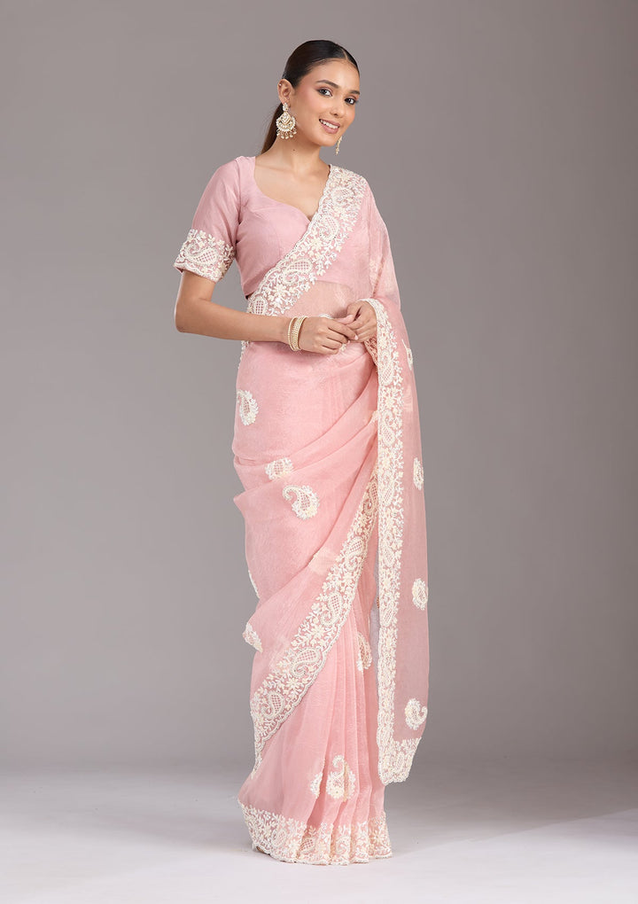 Baby Pink Pearlwork Tissue Saree-koskii