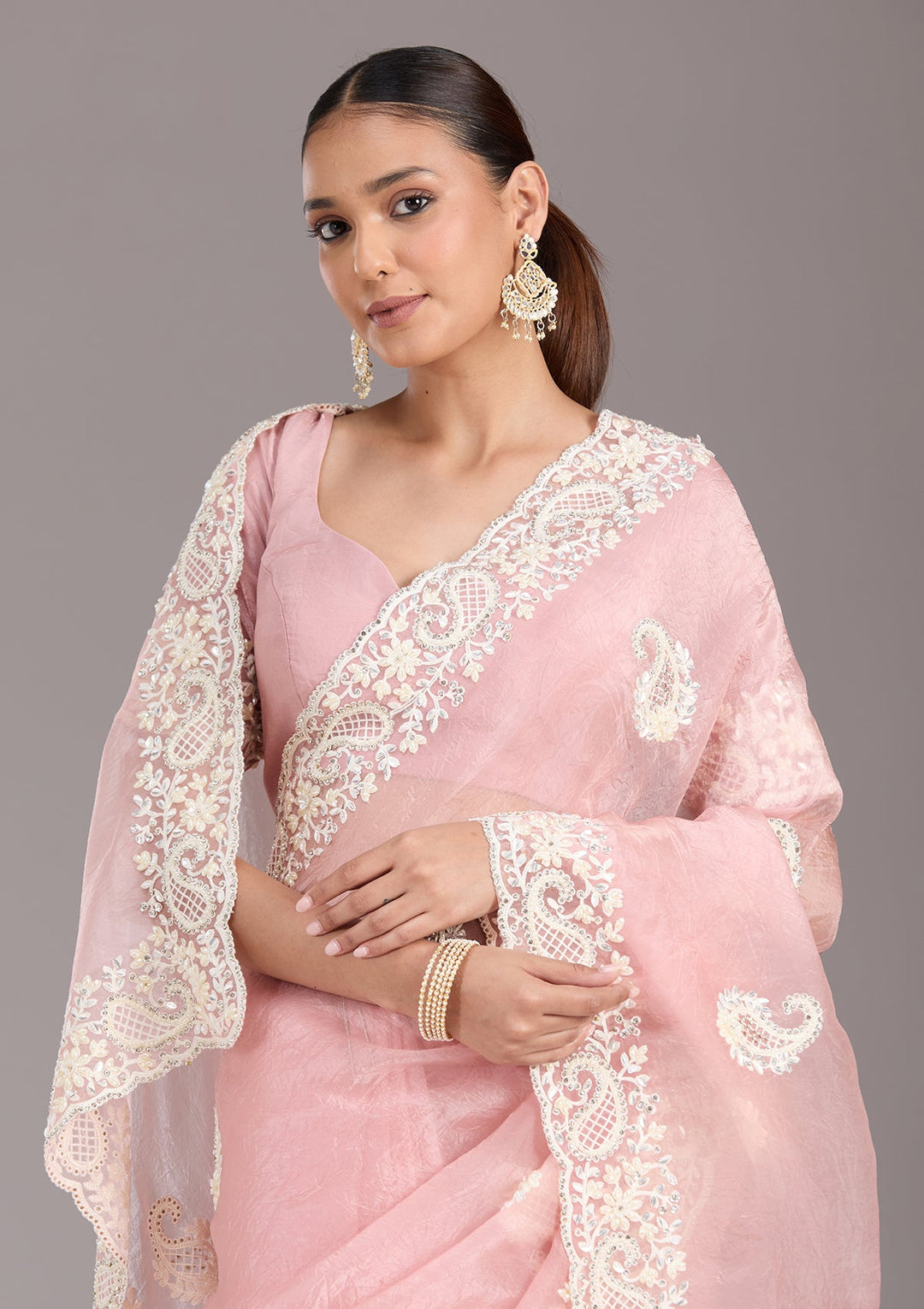 Baby Pink Pearlwork Tissue Saree-koskii