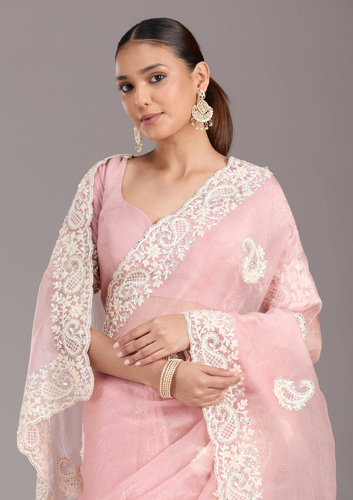 Baby Pink Pearlwork Tissue Saree-koskii