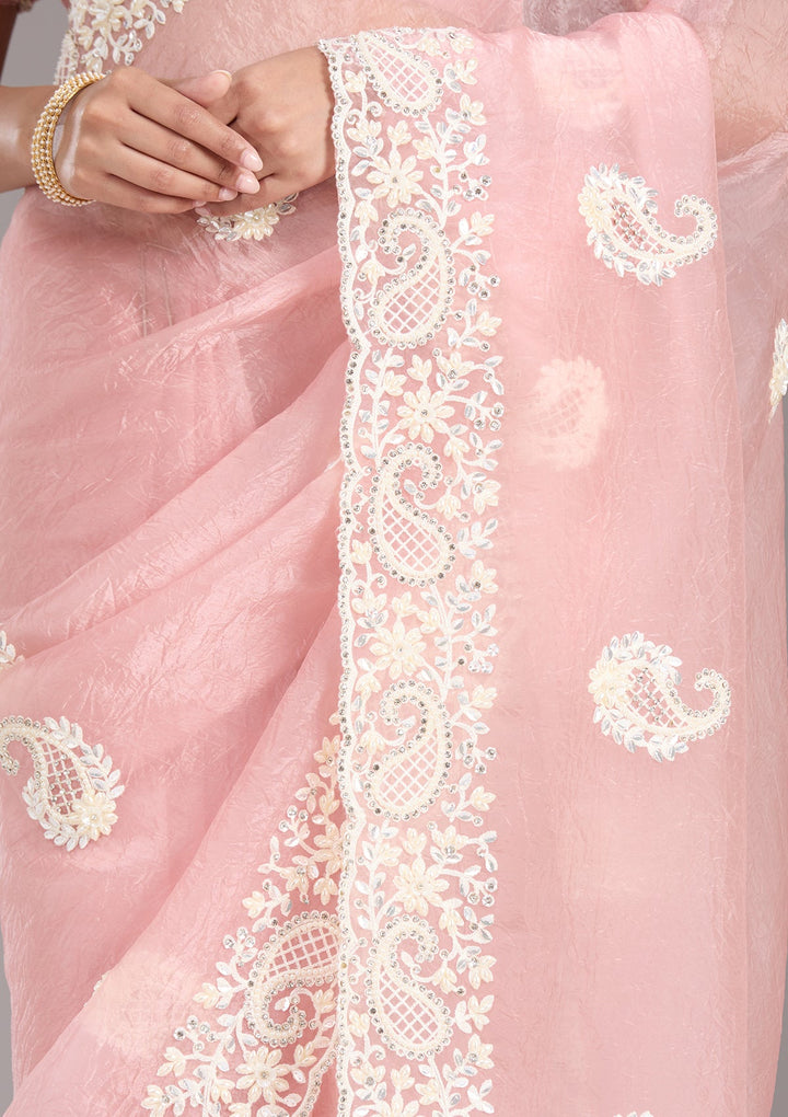 Baby Pink Pearlwork Tissue Saree-koskii