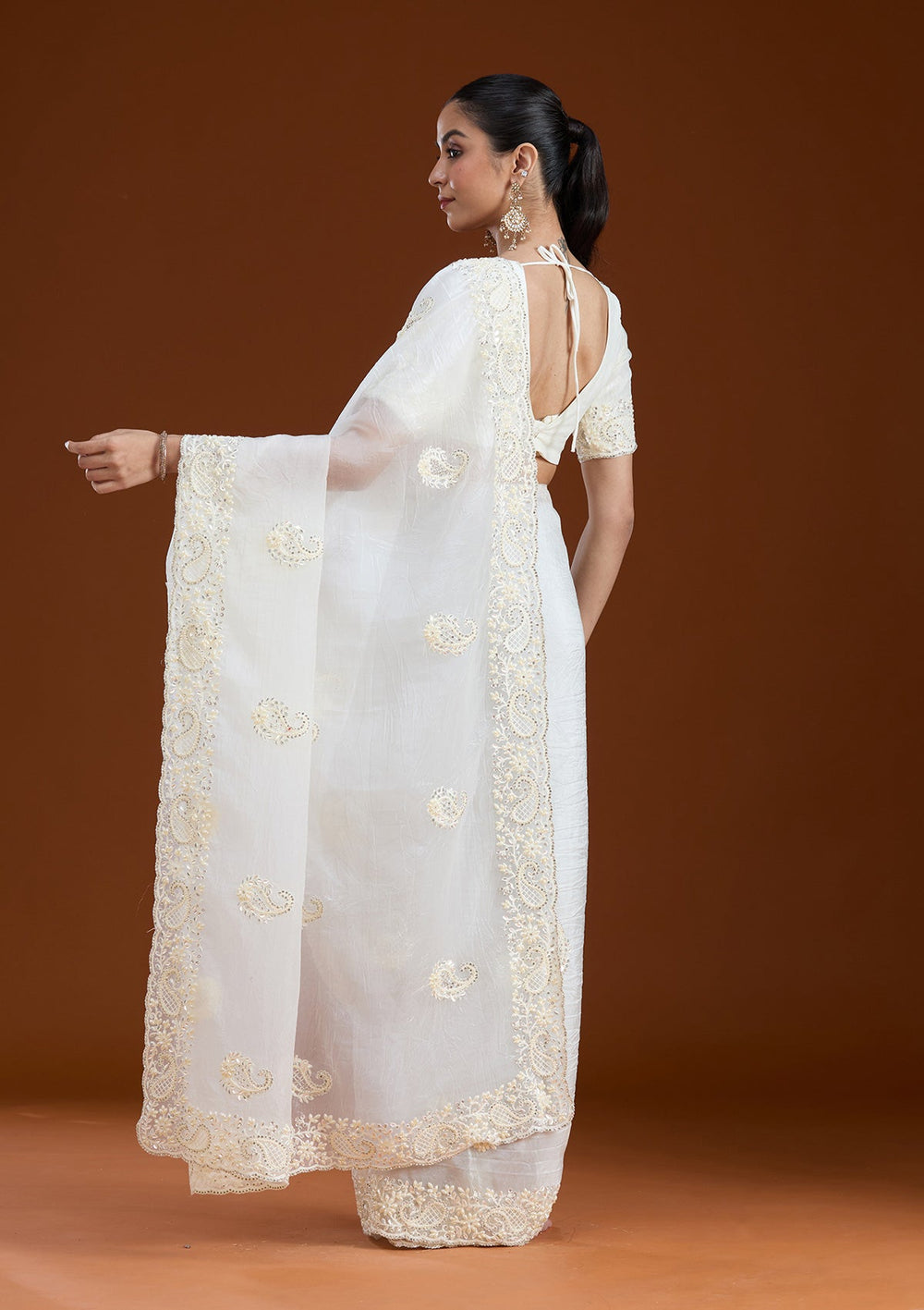 Off White Pearlwork Tissue Saree-koskii