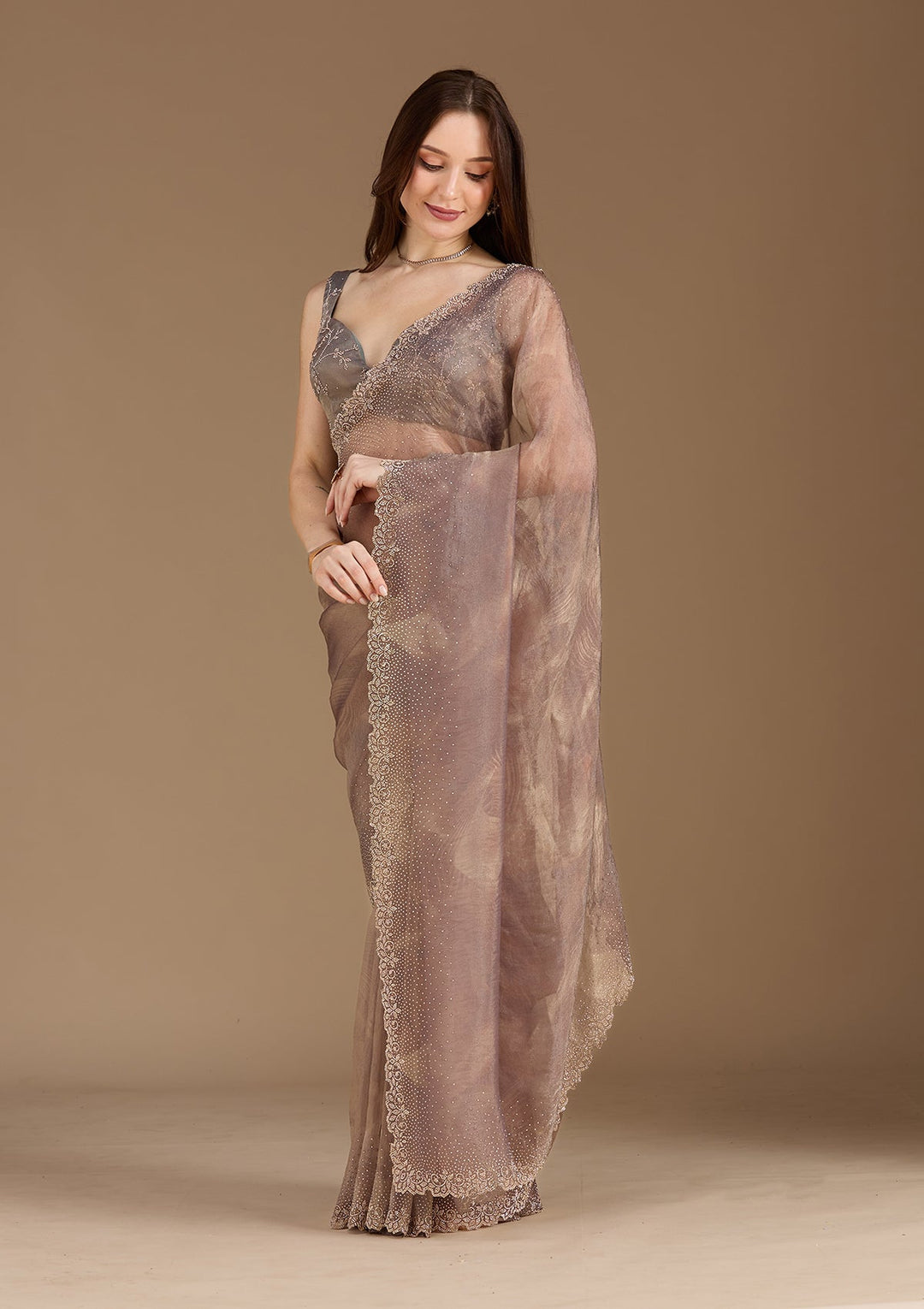 Brown Stonework (Gold) Tissue Saree