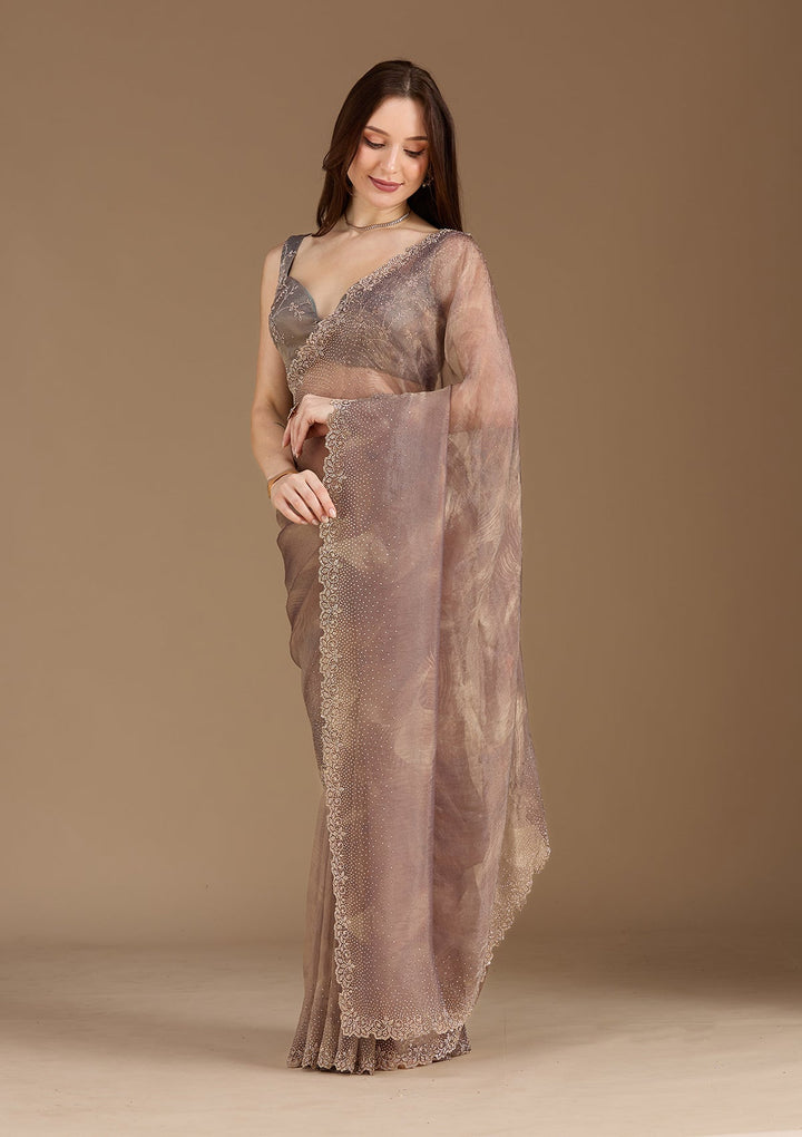 Brown Stonework (Gold) Tissue Saree