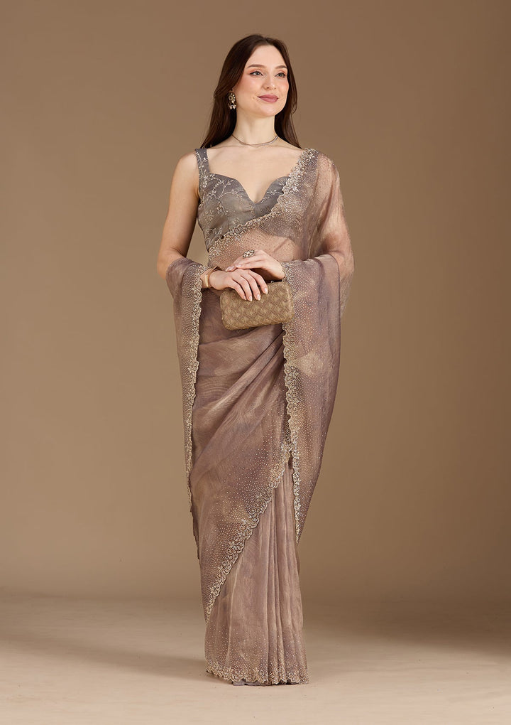Brown Stonework (Gold) Tissue Saree